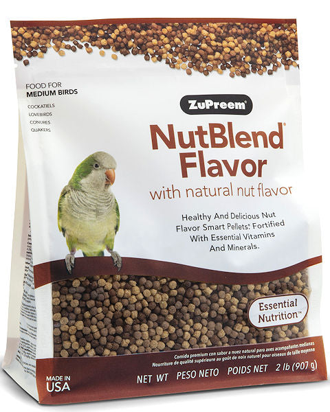 Front view of ZuPreem NutBlend Flavor medium bird food pellets showing colorful nutrition formula designed for cockatiels, conures, lovebirds, and Quaker parrots.