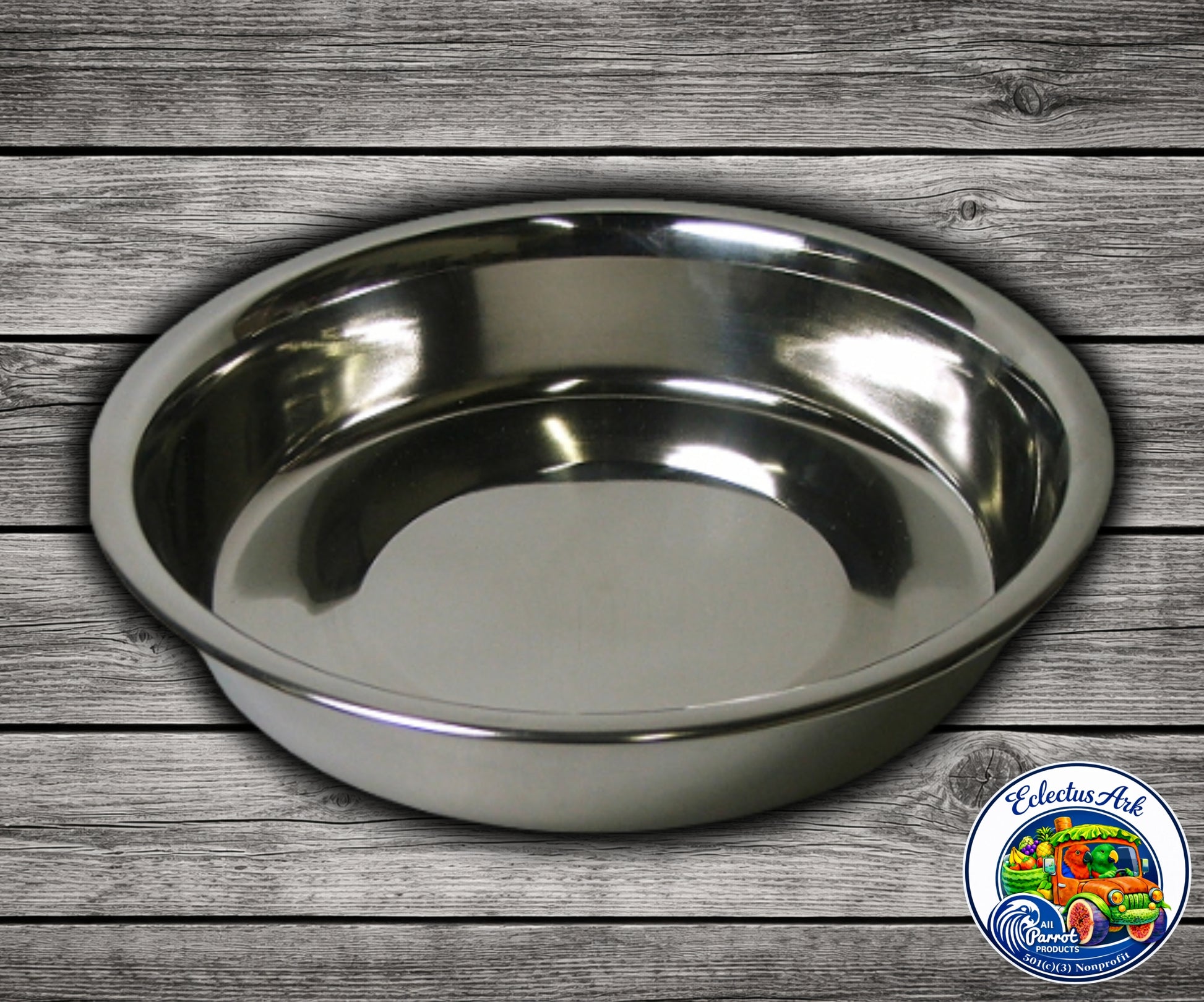 8 inch stainless steel shallow pan used as food dish or bath pan.

