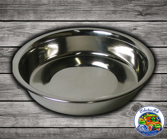 8 inch stainless steel shallow pan used as food dish or bath pan.
