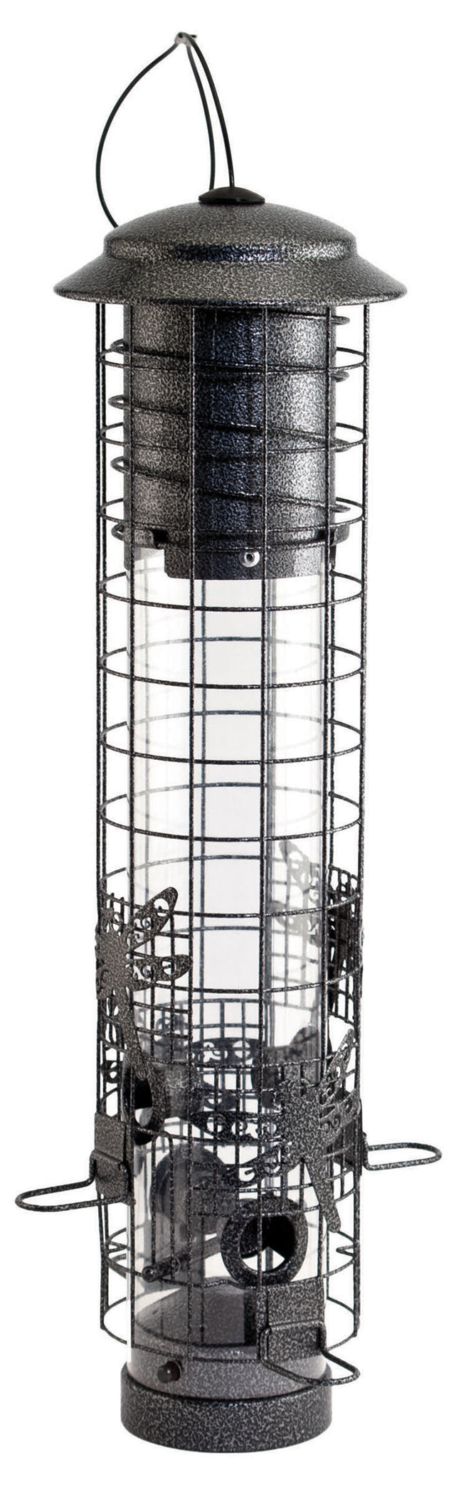 Audubon Dragonfly squirrel-resistant tube feeder with four weight-activated perches, 2.5 lb capacity, and antique copper finish.