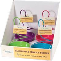 Audubon metal mealworm feeder for seeds, jelly, fruit, or mealworms in assorted colors with ready-to-hang design.
