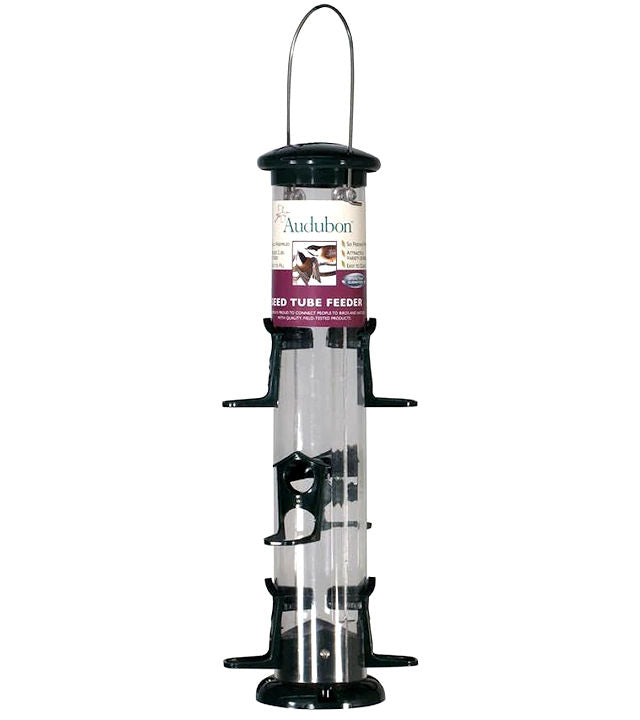 Audubon 15 inch plastic tube bird feeder with six feeding ports and green metal accents for backyard songbird feeding