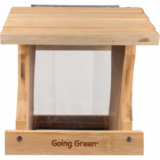 Audubon Premium Bamboo Ranch feeder with 1.5 lb capacity, hinged roof, and removable metal screen for drainage and easy cleaning.