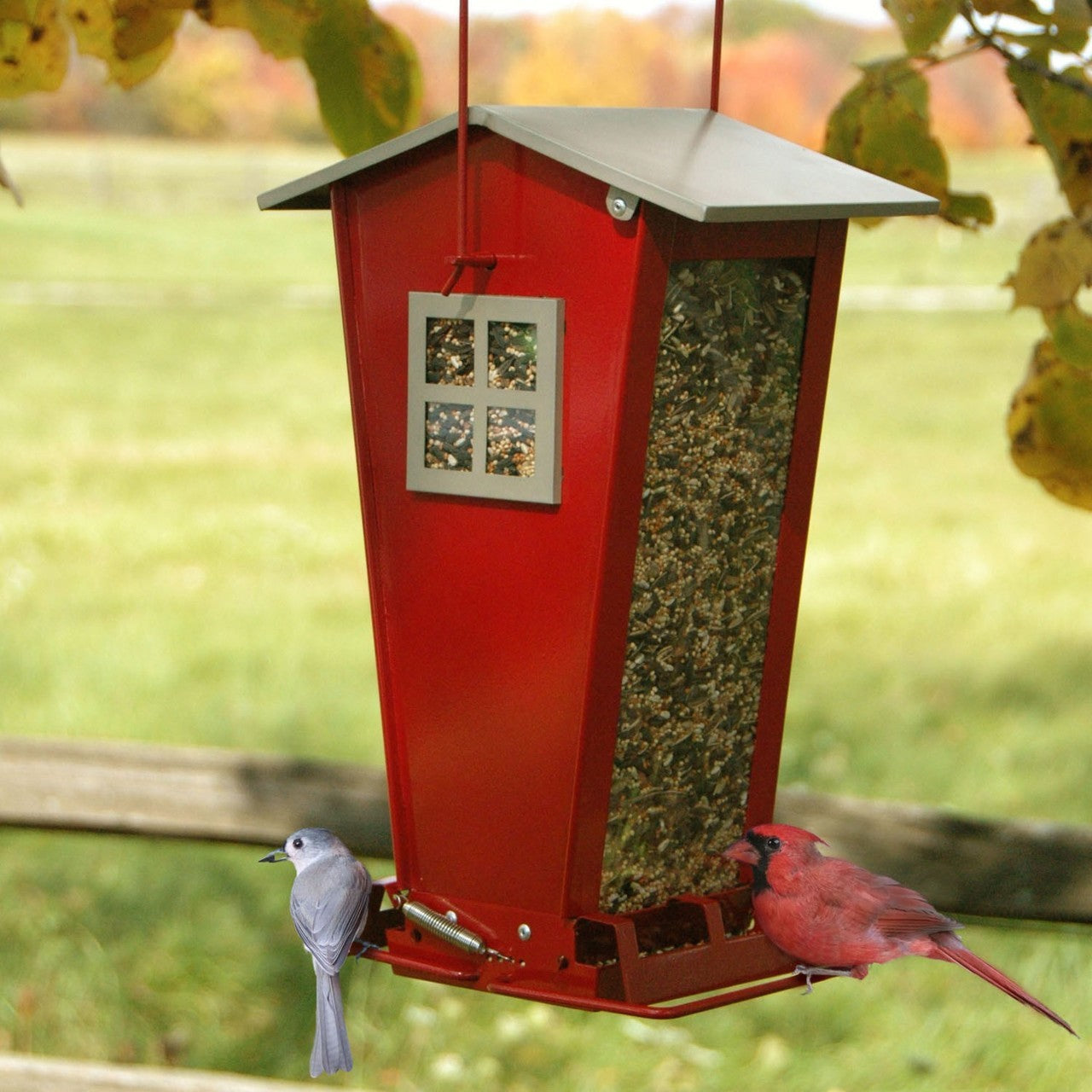 Audubon Snack Shack squirrel-resistant double-sided hopper feeder with 7 lb capacity and locking roof system.