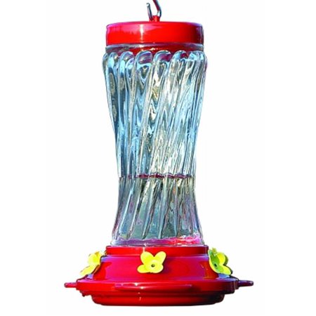 Audubon Swirl Glass hummingbird feeder with red top, four no-drip feeding flowers, and 16 oz nectar capacity.