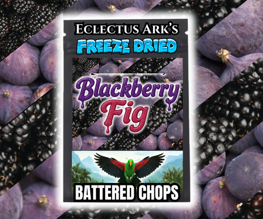 Blackberry Fig Burst of Flavor Freeze-Dried Chop made with all-natural fruits and vegetables including carrots, broccoli, kale, apples, bananas, blackberries, and Condria figs for Eclectus, macaws, cockatoos, conures, African Greys, Amazons, cockatiels, parakeets, lovebirds, budgies, and all parrot species. Product Photo
