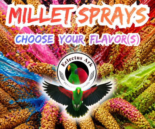 Dehydrated Infused Millet Sprays bird treats made with premium millet sprays, infused with choose-your-flavor options, and dehydrated for crunchy enrichment, foraging, training, and rewards.