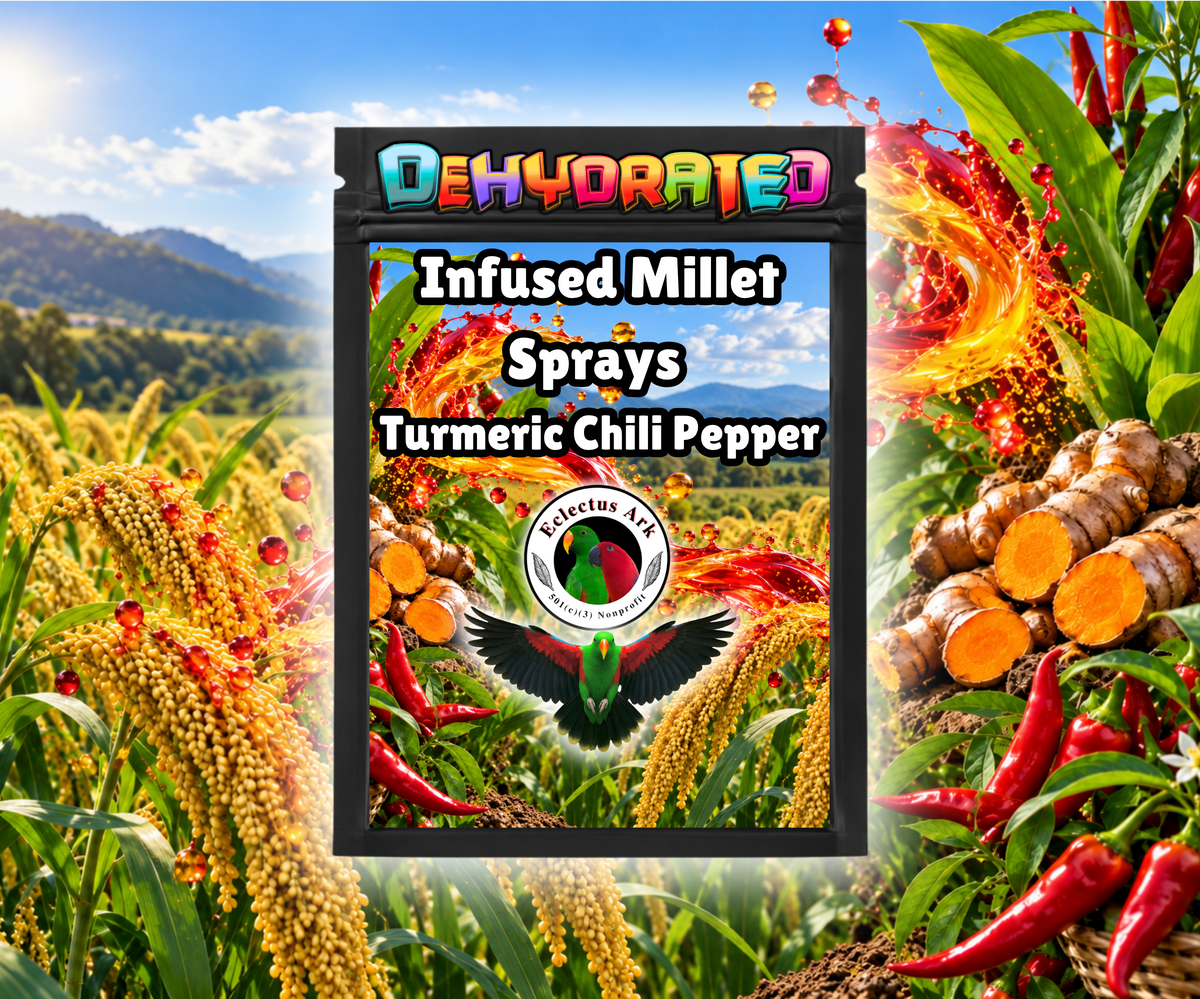 Dehydrated Infused Millet Sprays bird treats made with premium millet sprays, infused with choose-your-flavor options, and dehydrated for crunchy enrichment, foraging, training, and rewards. Flavor - Spiced Turmeric Chili - Product Photo
