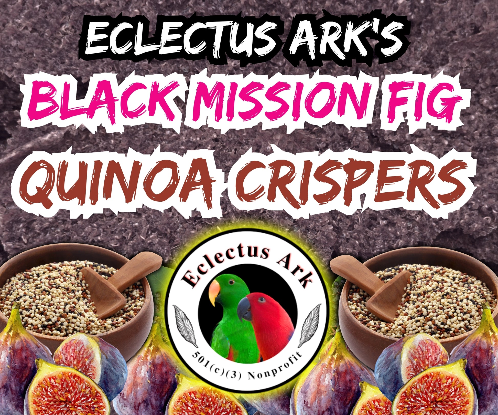 Dehydrated quinoa crispers with Black Mission fig made for parrots by Eclectus Ark