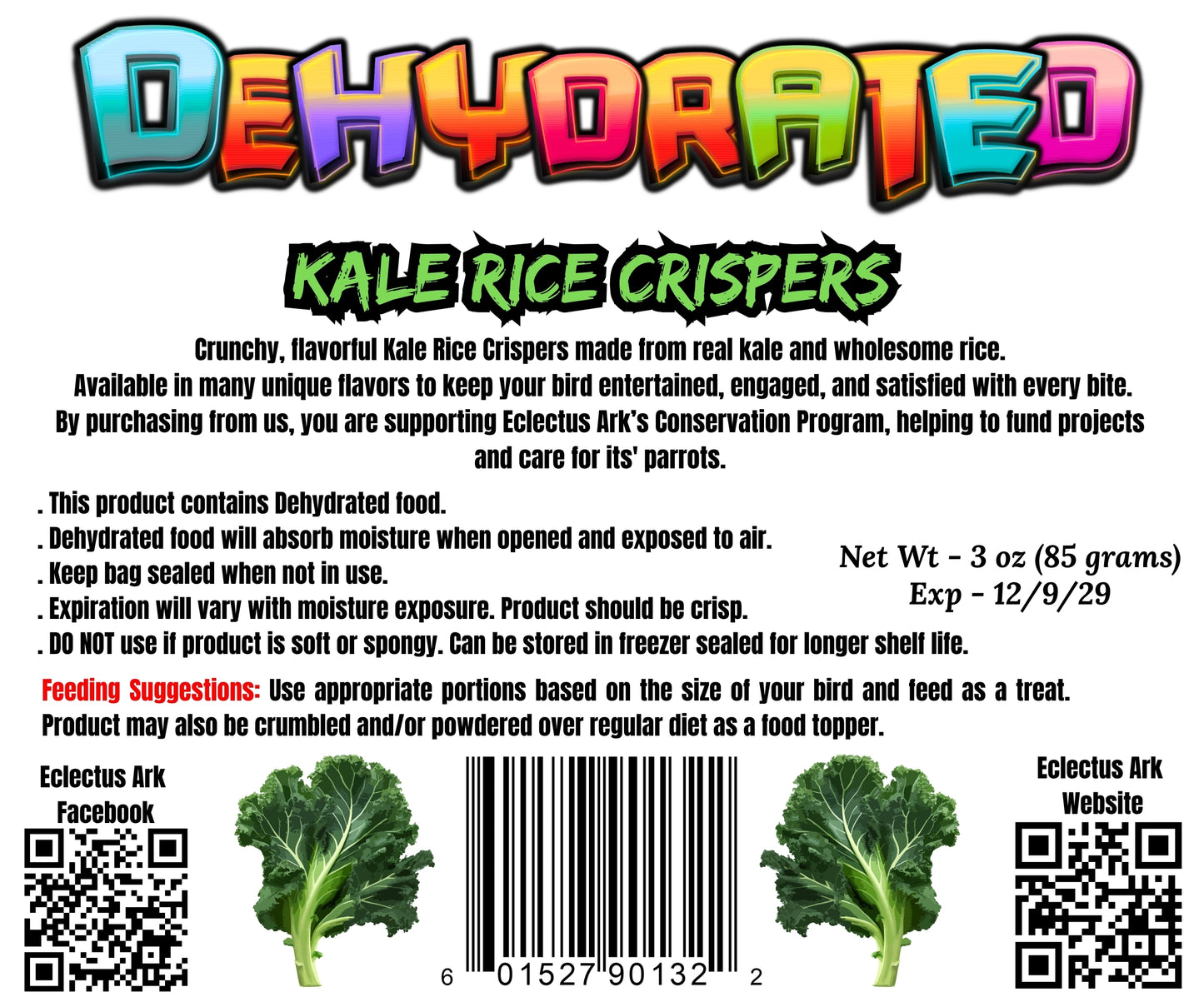 Dehydrated Rice Crispers with Siberian Kale from Eclectus Ark, a crunchy parrot treat made with rice and Siberian kale in a 3 oz resealable bag.