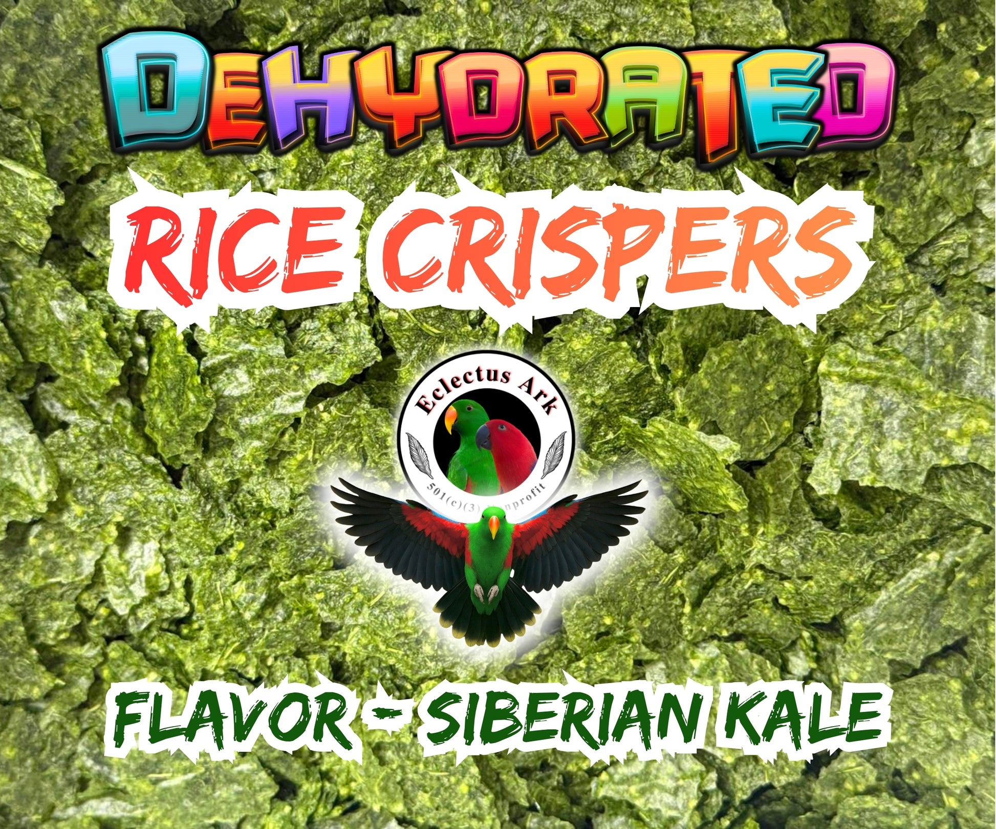 Dehydrated Rice Crispers with Siberian Kale from Eclectus Ark, a crunchy parrot treat made with rice and Siberian kale in a 3 oz resealable bag.
