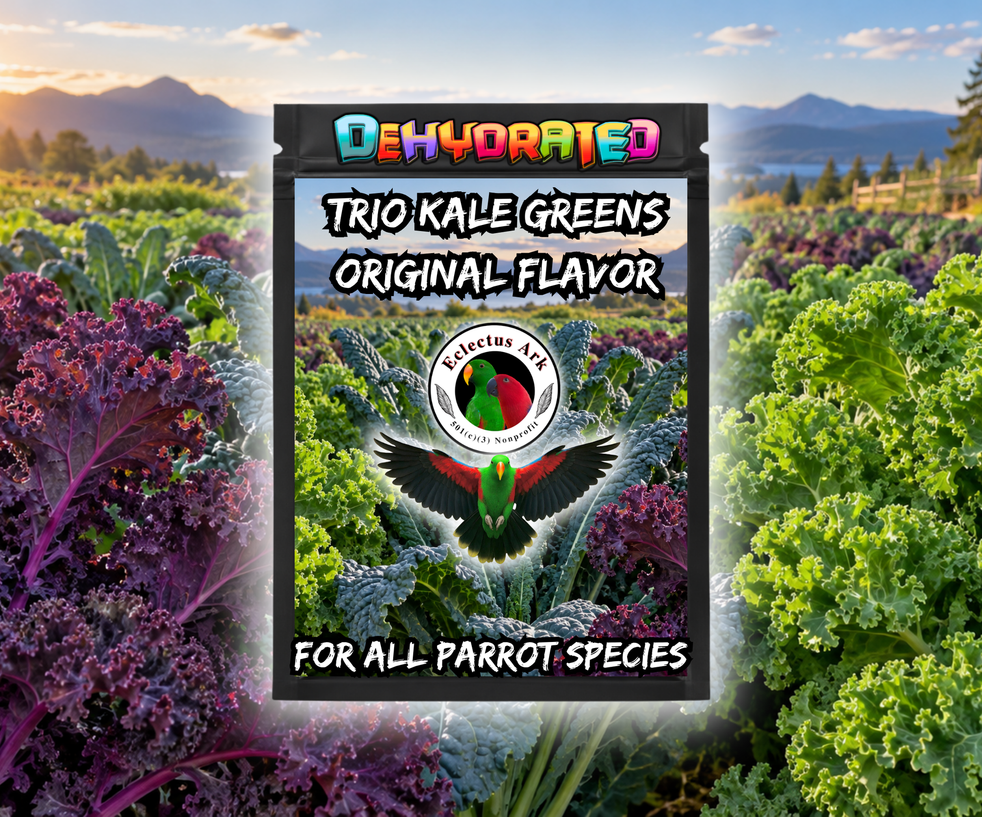 Dehydrated Trio Kale Greens parrot treat made with Green Kale, Lacinato Kale, and Red Scarlet Kale, thoroughly washed and dehydrated into crisp crunchy pieces for mixing into seeds, pellets, fresh foods, chop, or serving as a topper. Original Flavor - Product Bag Image