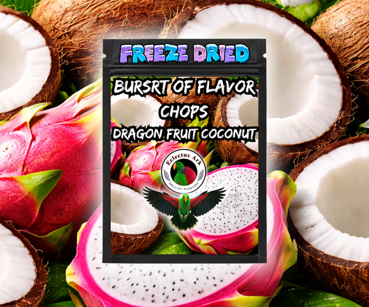 Dragon Fruit Coconut Battered Burst of Flavor Freeze-Dried Chop for parrots made with carrots, celery, green peppers, broccoli, cauliflower, kale, Red Delicious apples, Granny Smith apples, bananas, okra, green beans, corn, green peas, papaya, and carrot. Product Bag Image