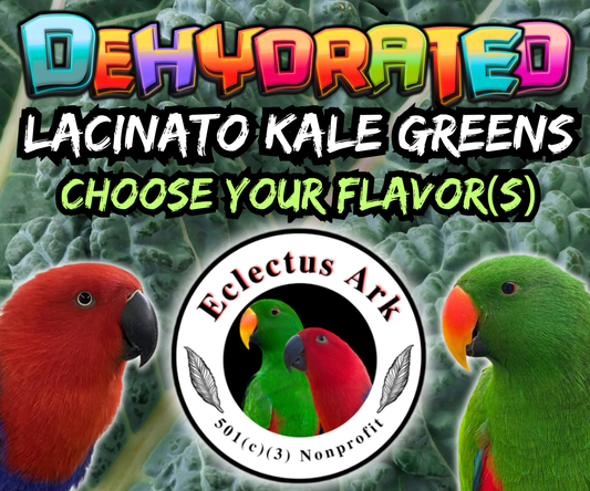 Eclectus Ark Dehydrated Kale Greens made with thoroughly washed lacinato kale, available original or coated with vegetables, fruits, herbs, and spices for parrots as crunchy treats, toppers, or mix-ins.