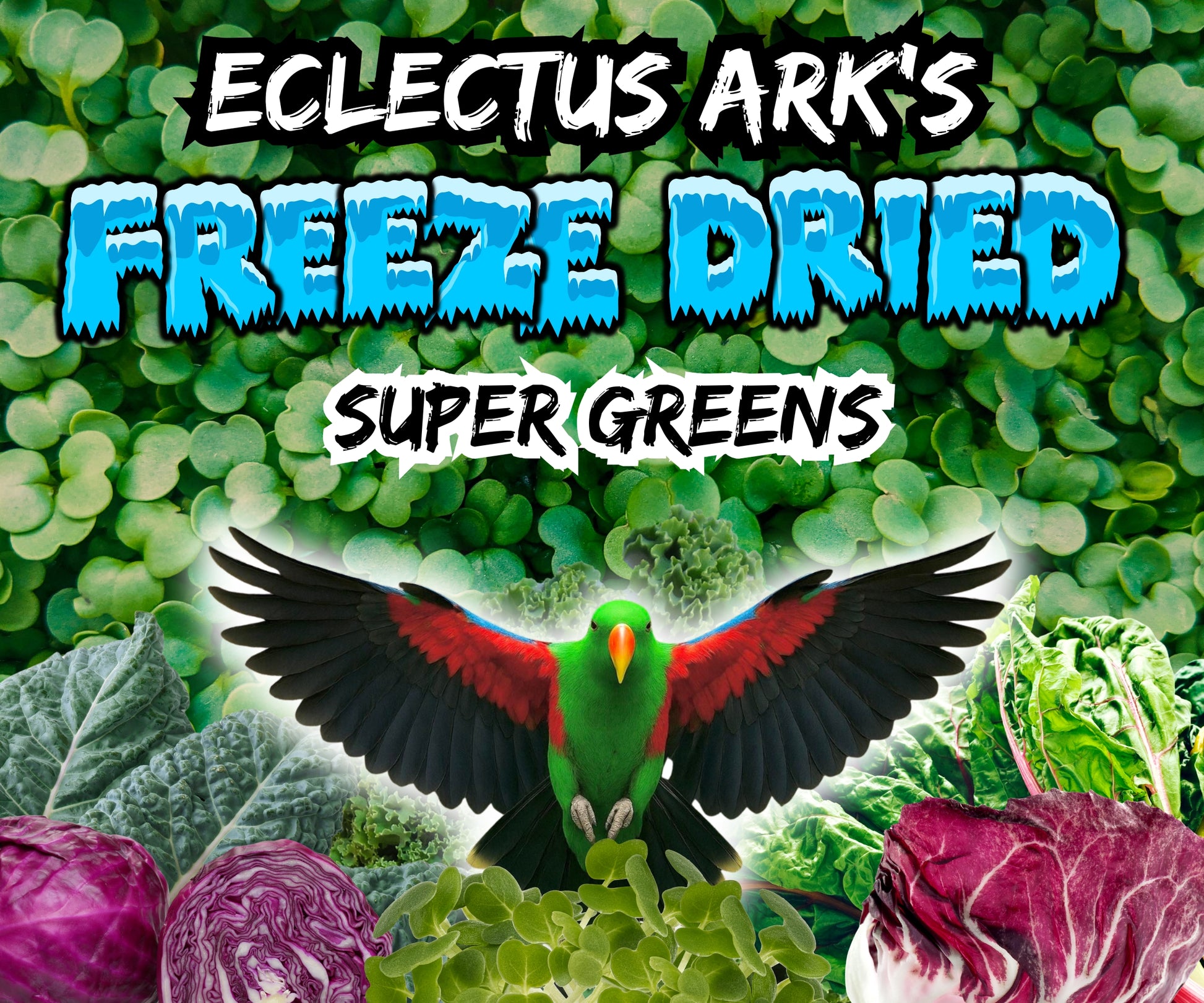 Eclectus Ark Freeze Dried Greens Mix in a heat-sealed resealable bag with freeze-dried leafy greens including dandelion, kale, mustard greens, collard greens, radicchio, cabbage, Swiss chard, beet greens, lettuces, baby spinach, mizuna, and arugula for parrots and exotic birds. Label