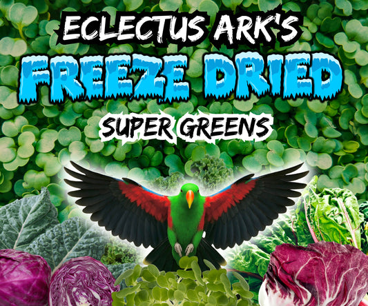 Eclectus Ark Freeze Dried Greens Mix in a heat-sealed resealable bag with freeze-dried leafy greens including dandelion, kale, mustard greens, collard greens, radicchio, cabbage, Swiss chard, beet greens, lettuces, baby spinach, mizuna, and arugula for parrots and exotic birds. Label