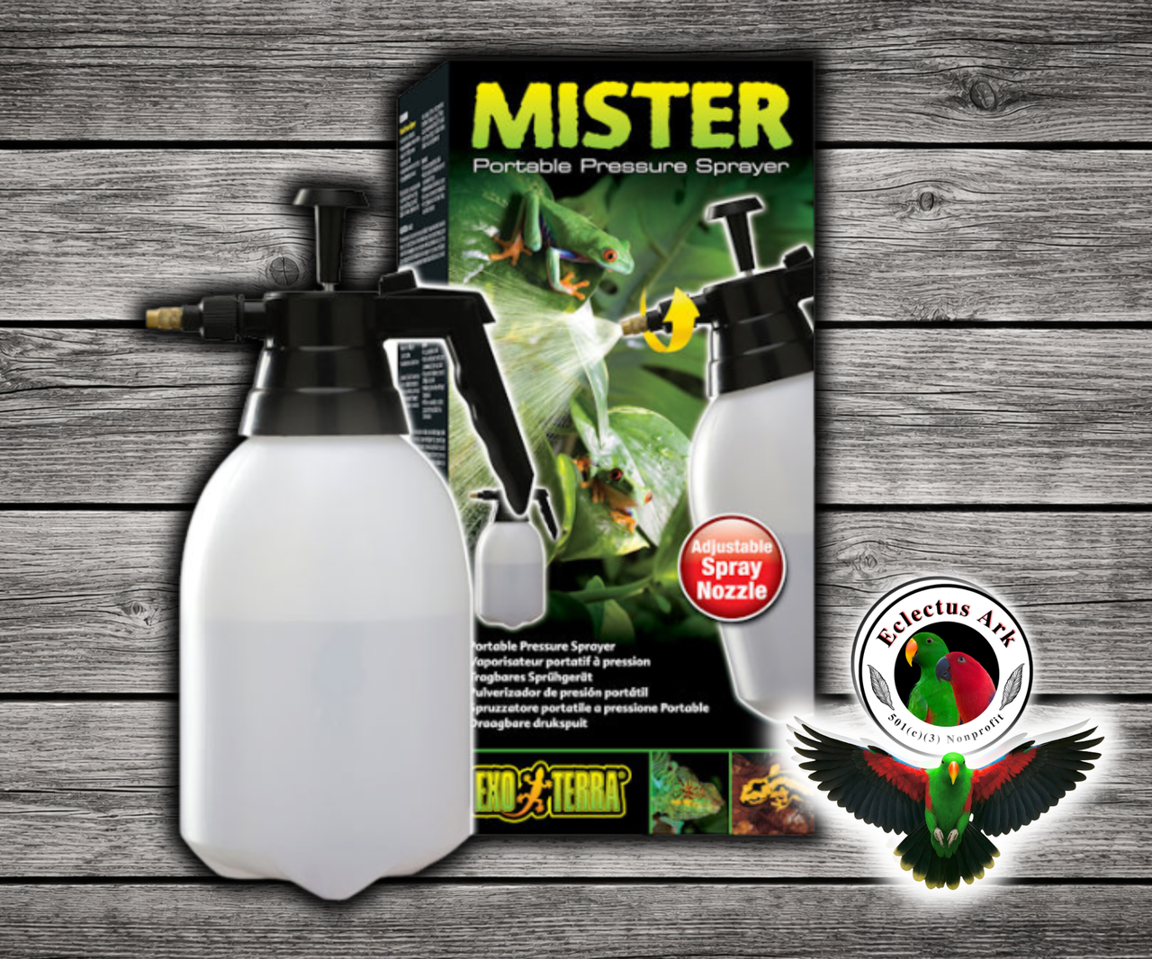Exo Terra 2 L Hand Pressure Mister Sprayer with large 67.5 fl oz reservoir, adjustable nozzle for single stream or full mist, and locking mechanism for continuous spraying.