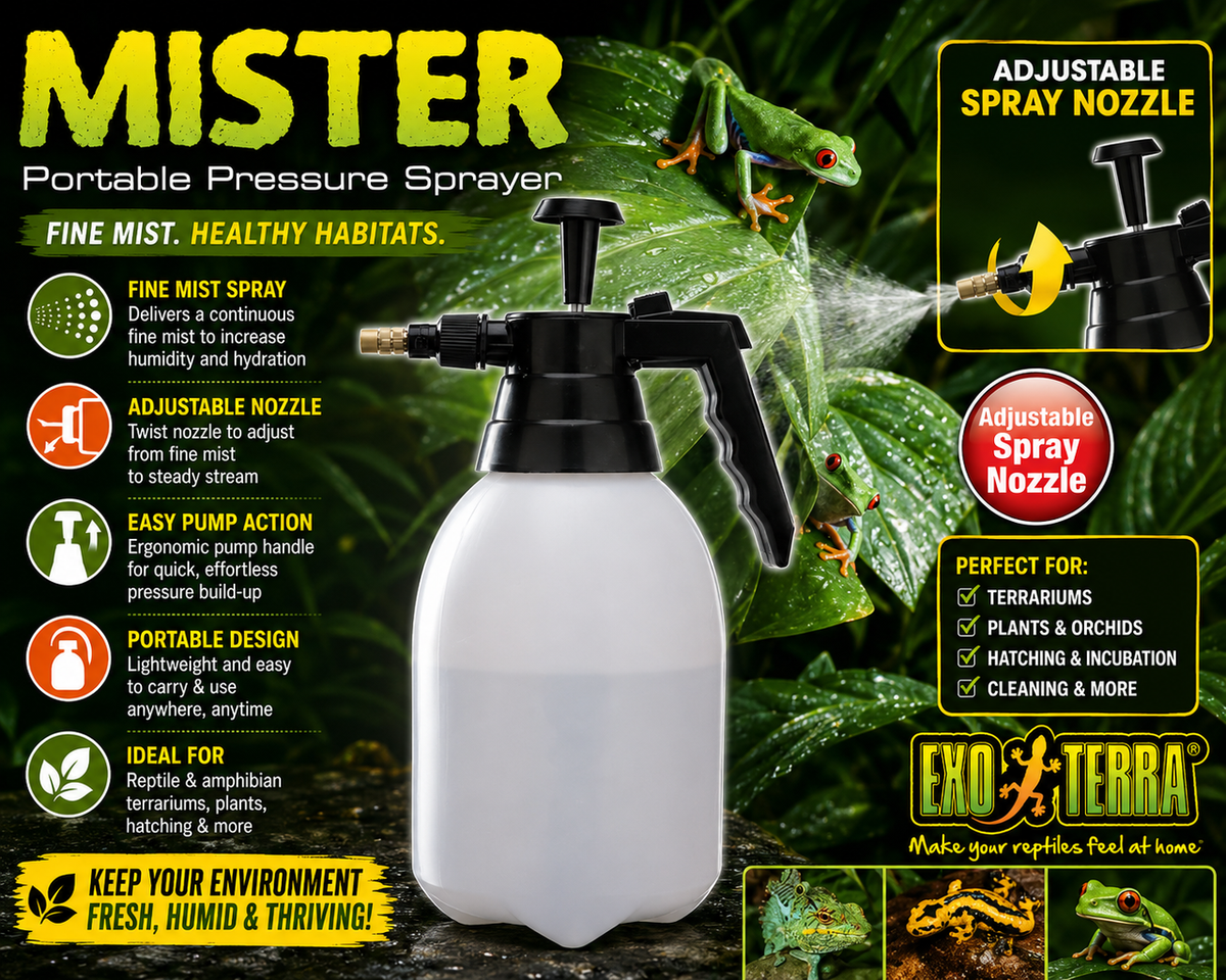 Exo Terra 2 L Hand Pressure Mister Sprayer with large 67.5 fl oz reservoir, adjustable nozzle for single stream or full mist, and locking mechanism for continuous spraying. Promo