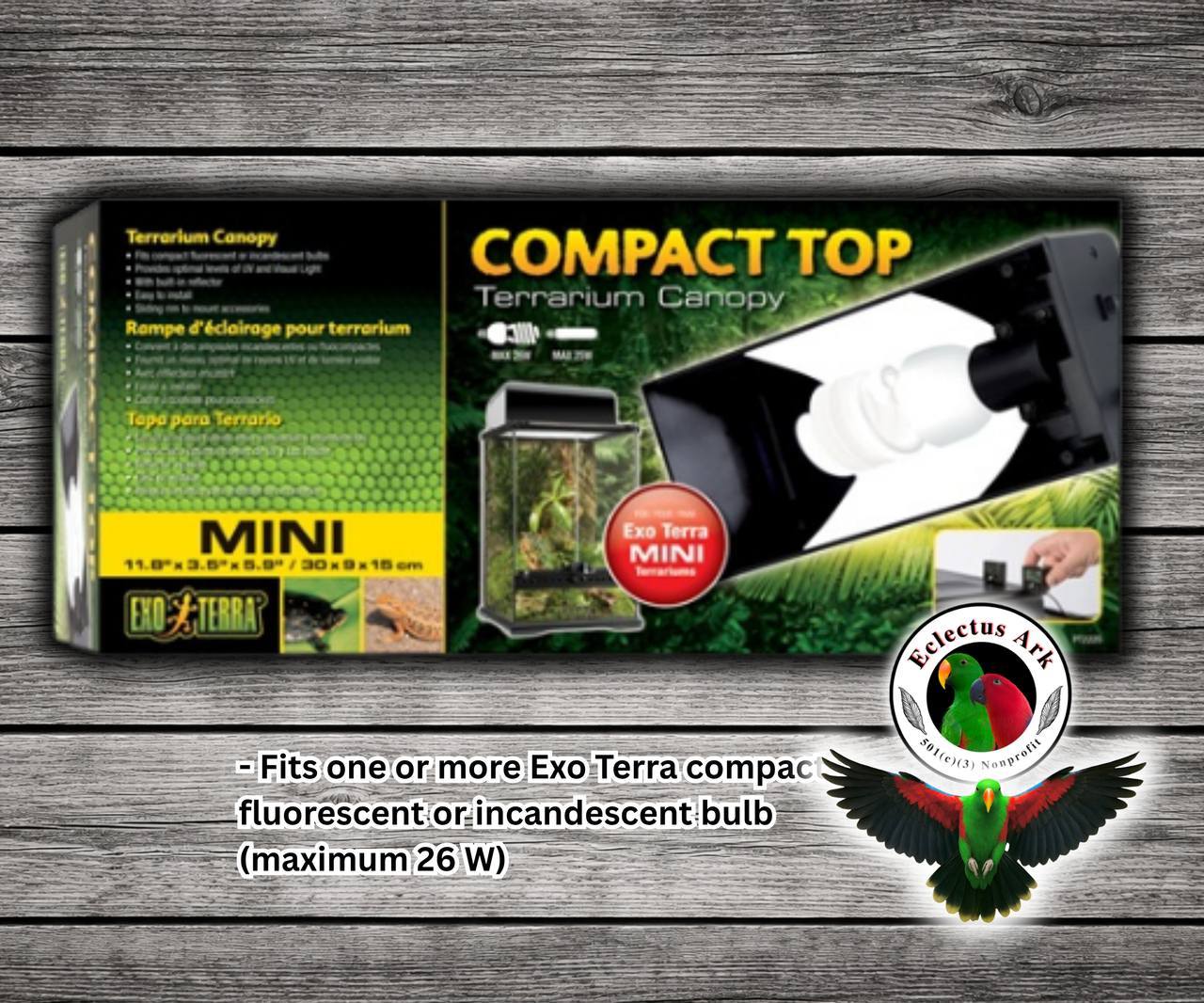 Exo Terra Compact Top 1 Bulb Canopy with built-in reflector and sliding accessory rim for Exo Terra glass terrariums, compatible with compact fluorescent or low-wattage incandescent bulbs.