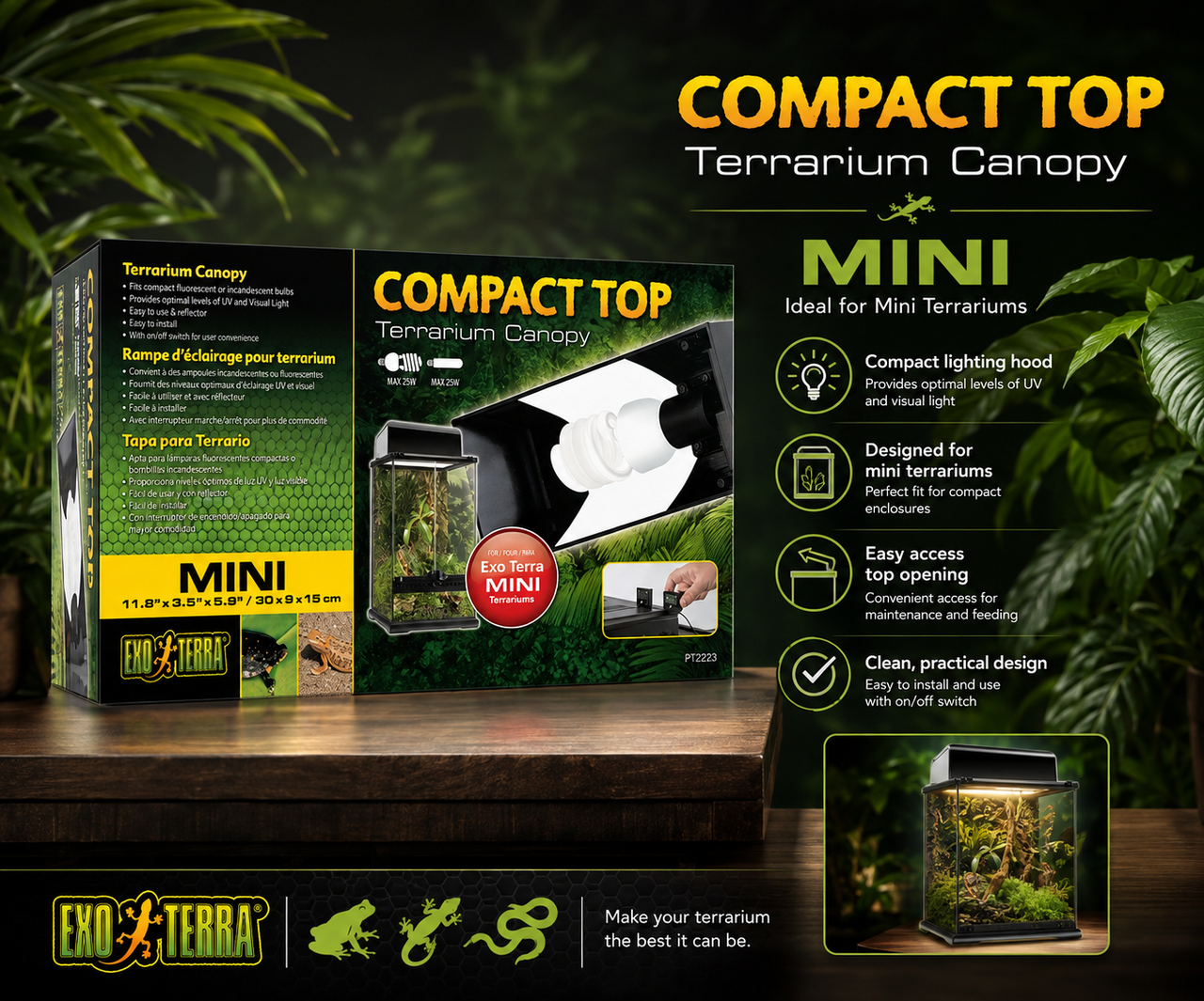 Exo Terra Compact Top 1 Bulb Canopy with built-in reflector and sliding accessory rim for Exo Terra glass terrariums, compatible with compact fluorescent or low-wattage incandescent bulbs. Promotional Image