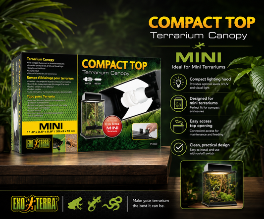 Exo Terra Compact Top 1 Bulb Canopy with built-in reflector and sliding accessory rim for Exo Terra glass terrariums, compatible with compact fluorescent or low-wattage incandescent bulbs. Promotional Image
