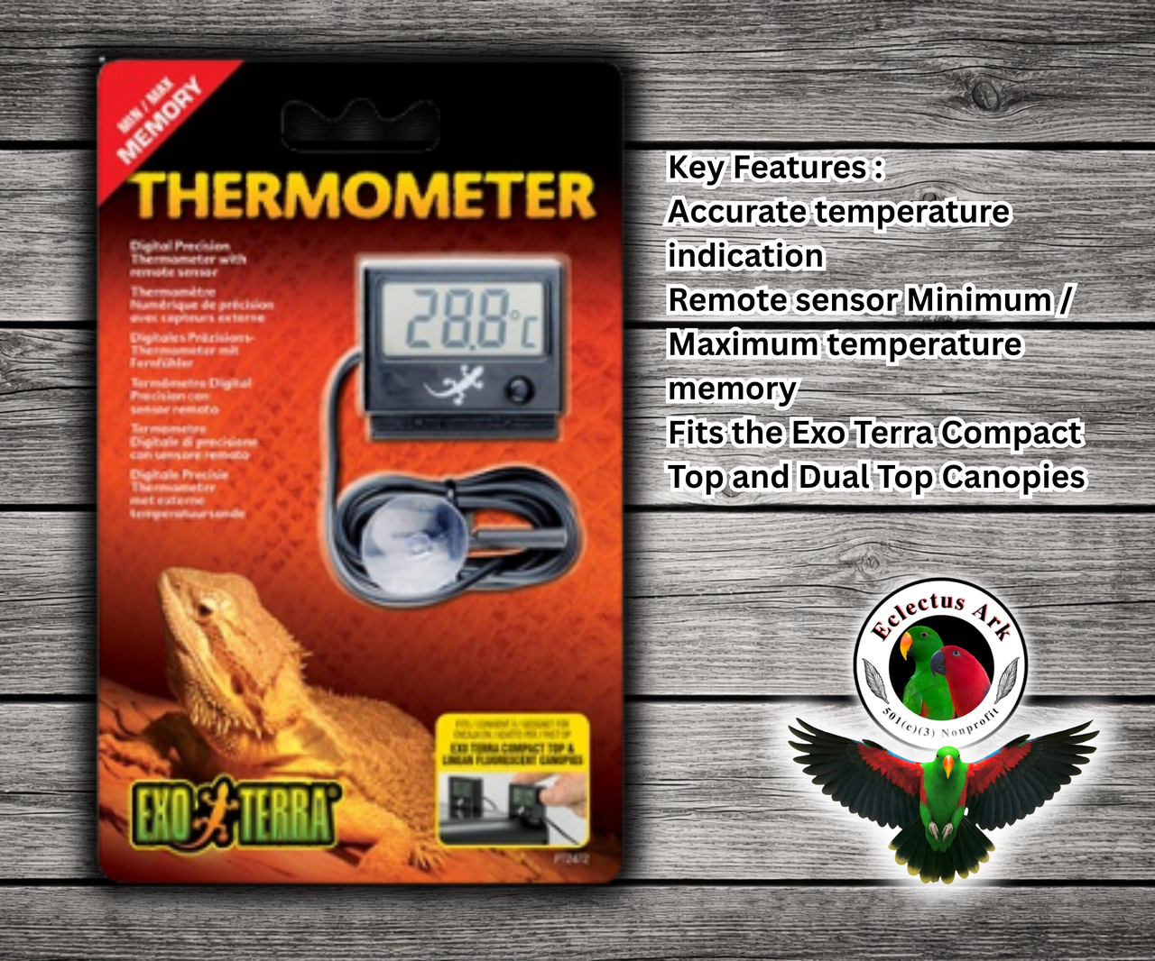Exo Terra Digital Thermometer with remote sensor, suction cup attachment, programmable minimum and maximum temperature memory, and mounting options for brooders, cages, and enclosures.