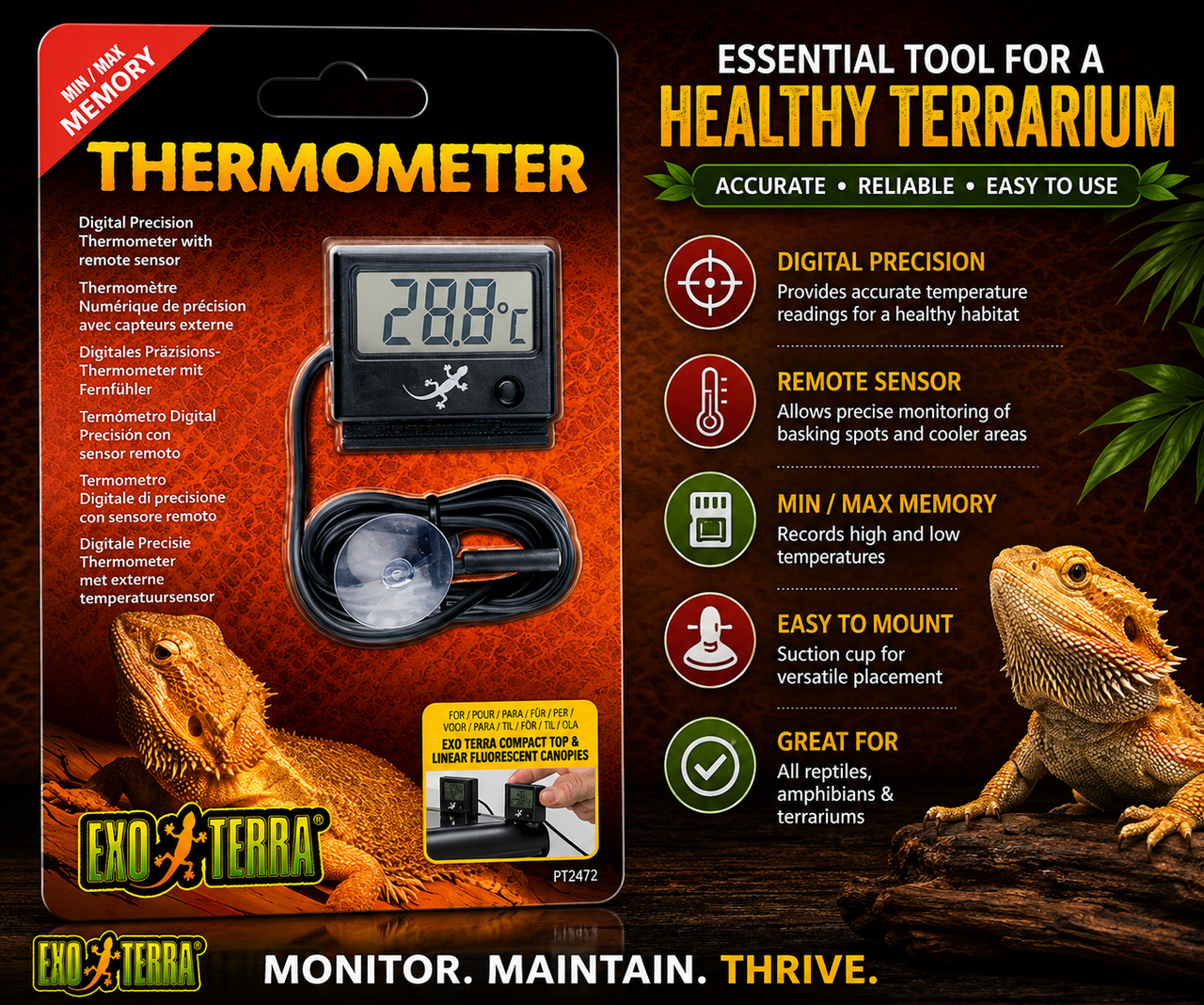 Exo Terra Digital Thermometer with remote sensor, suction cup attachment, programmable minimum and maximum temperature memory, and mounting options for brooders, cages, and enclosures. Promotional Image