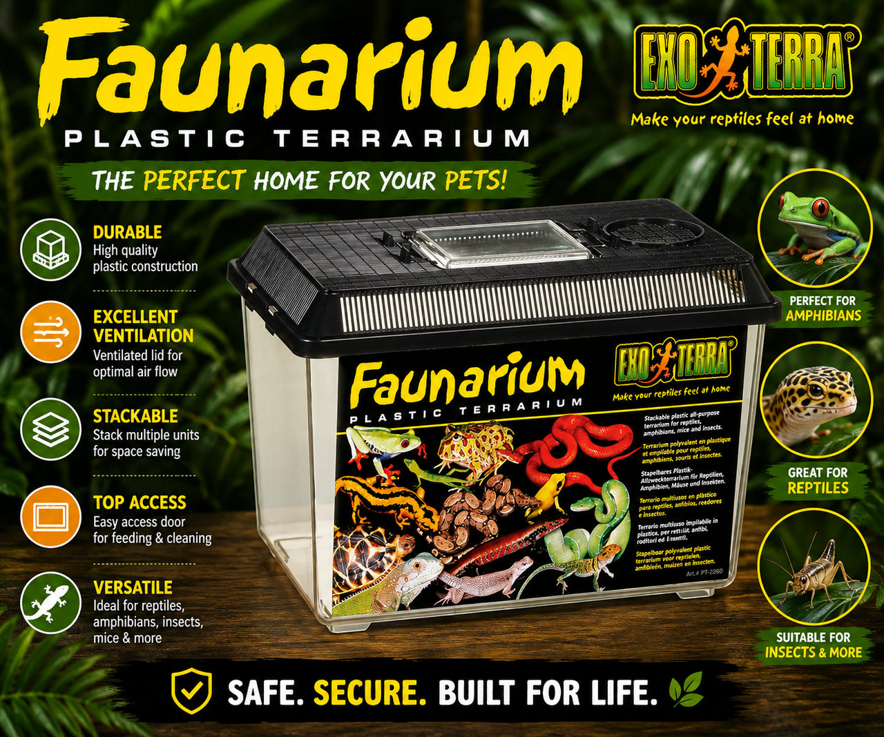 Exo Terra Faunarium stackable plastic terrarium available in medium and large sizes for transporting terrarium animals, live foods, temporary housing, and quarantine. Promotional Image