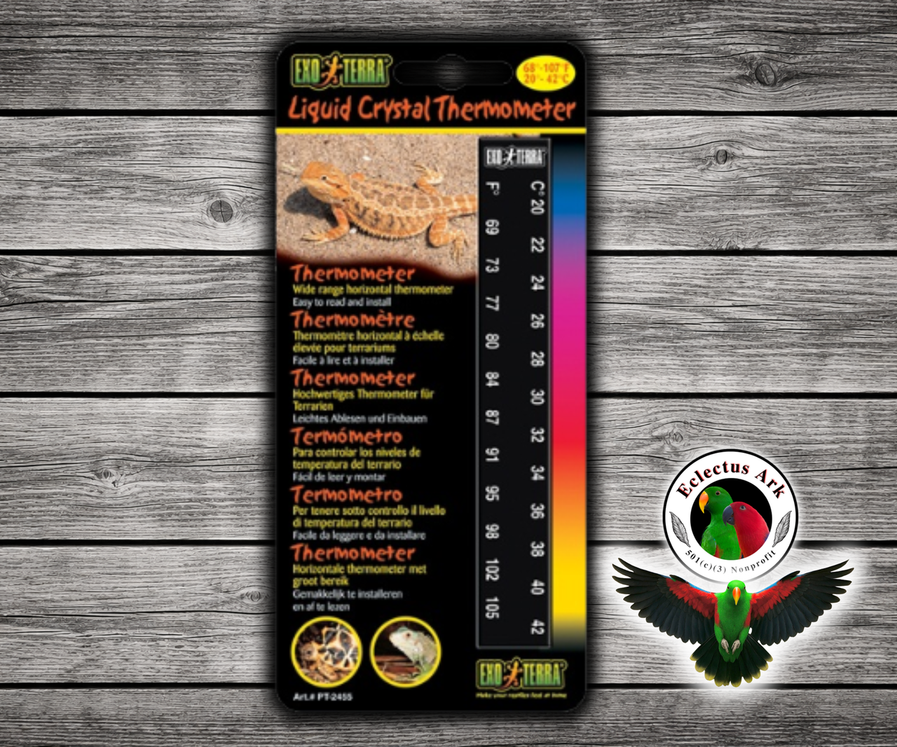 Exo Terra Liquid Crystal Thermometer PT2455 with wide range horizontal display and self-stick backing for easy brooder, cage, and enclosure temperature monitoring.