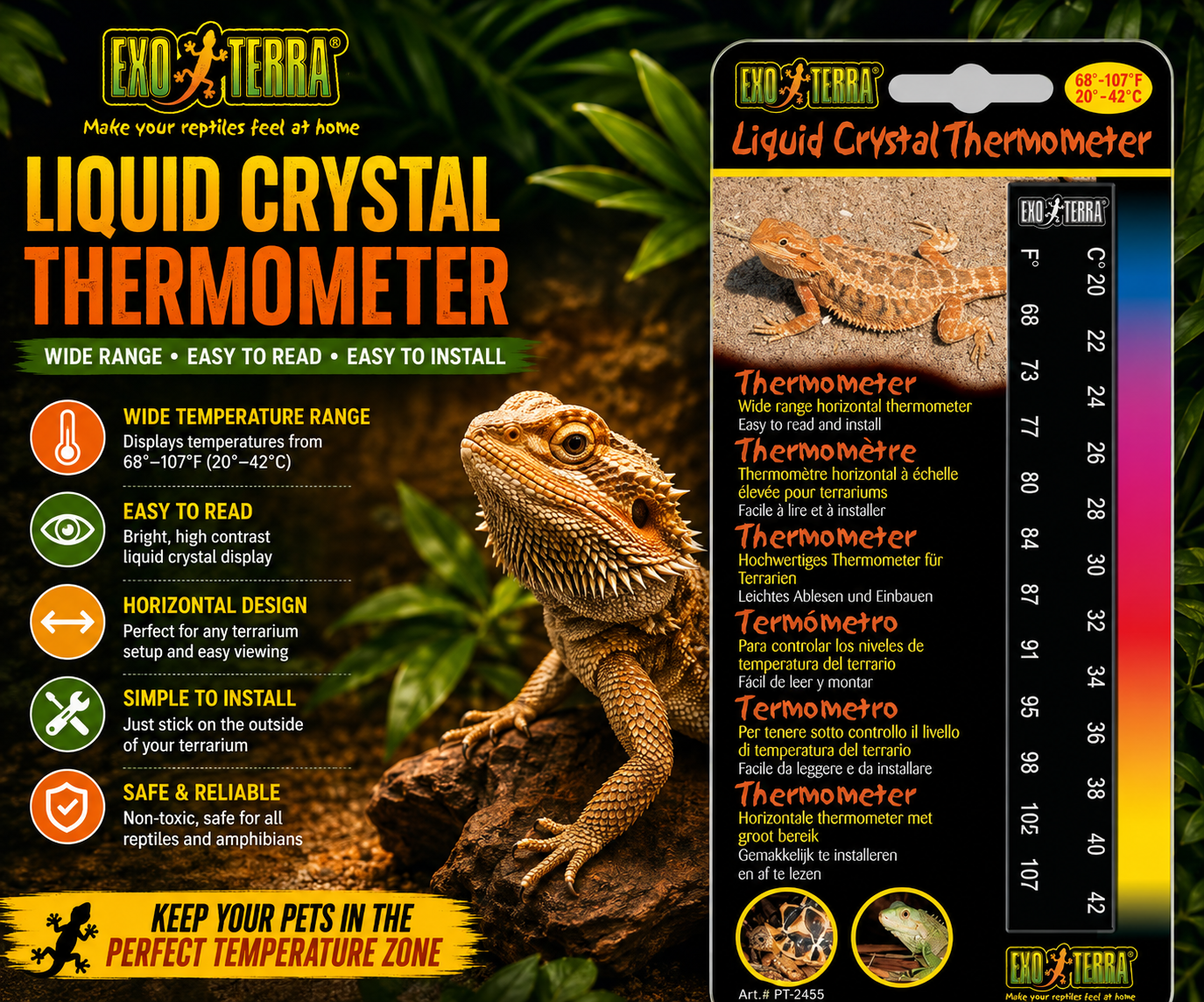 Exo Terra Liquid Crystal Thermometer PT2455 with wide range horizontal display and self-stick backing for easy brooder, cage, and enclosure temperature monitoring. Promotional Image