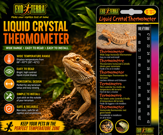 Exo Terra Liquid Crystal Thermometer PT2455 with wide range horizontal display and self-stick backing for easy brooder, cage, and enclosure temperature monitoring. Promotional Image