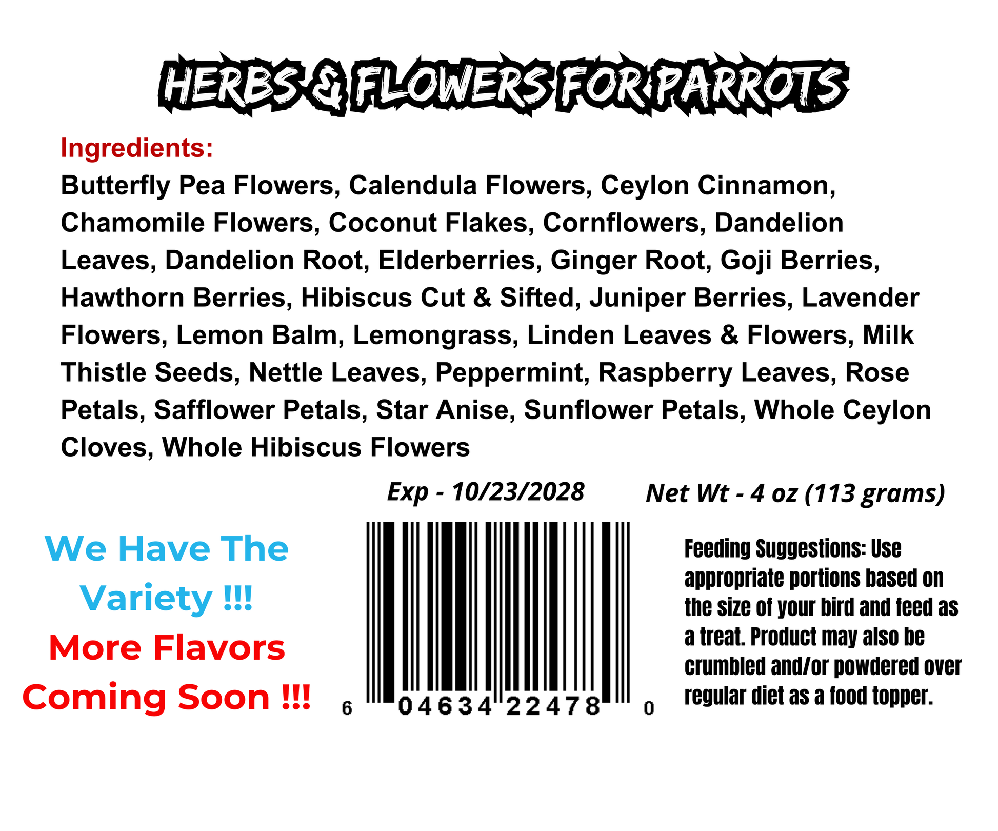 Natural flowers and herbs blend food topper for parrots and companion birds used to enhance chop pellets sprouts and seed mixes