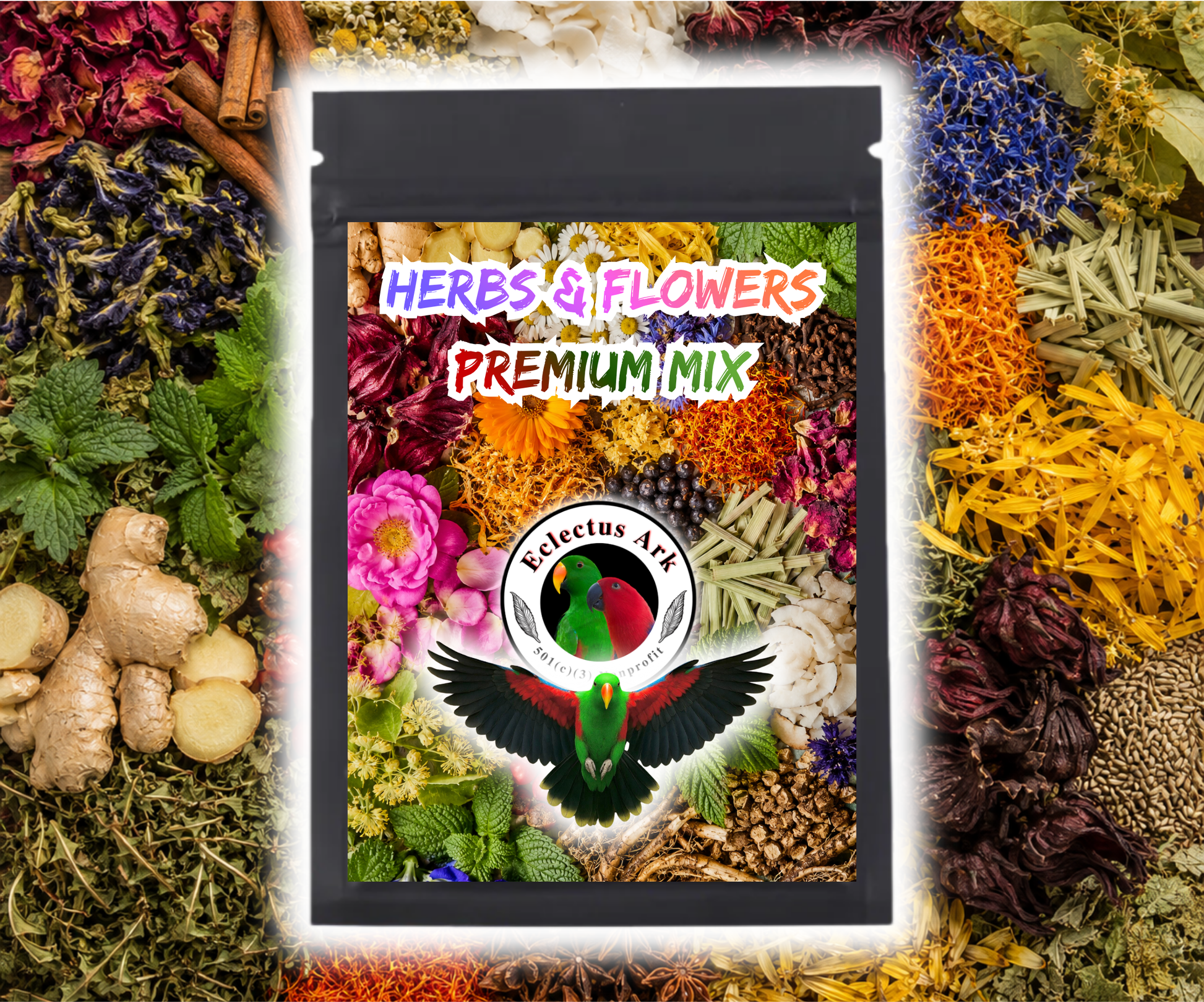  Natural flowers and herbs blend food topper for parrots and companion birds used to enhance chop pellets sprouts and seed mixes Package View