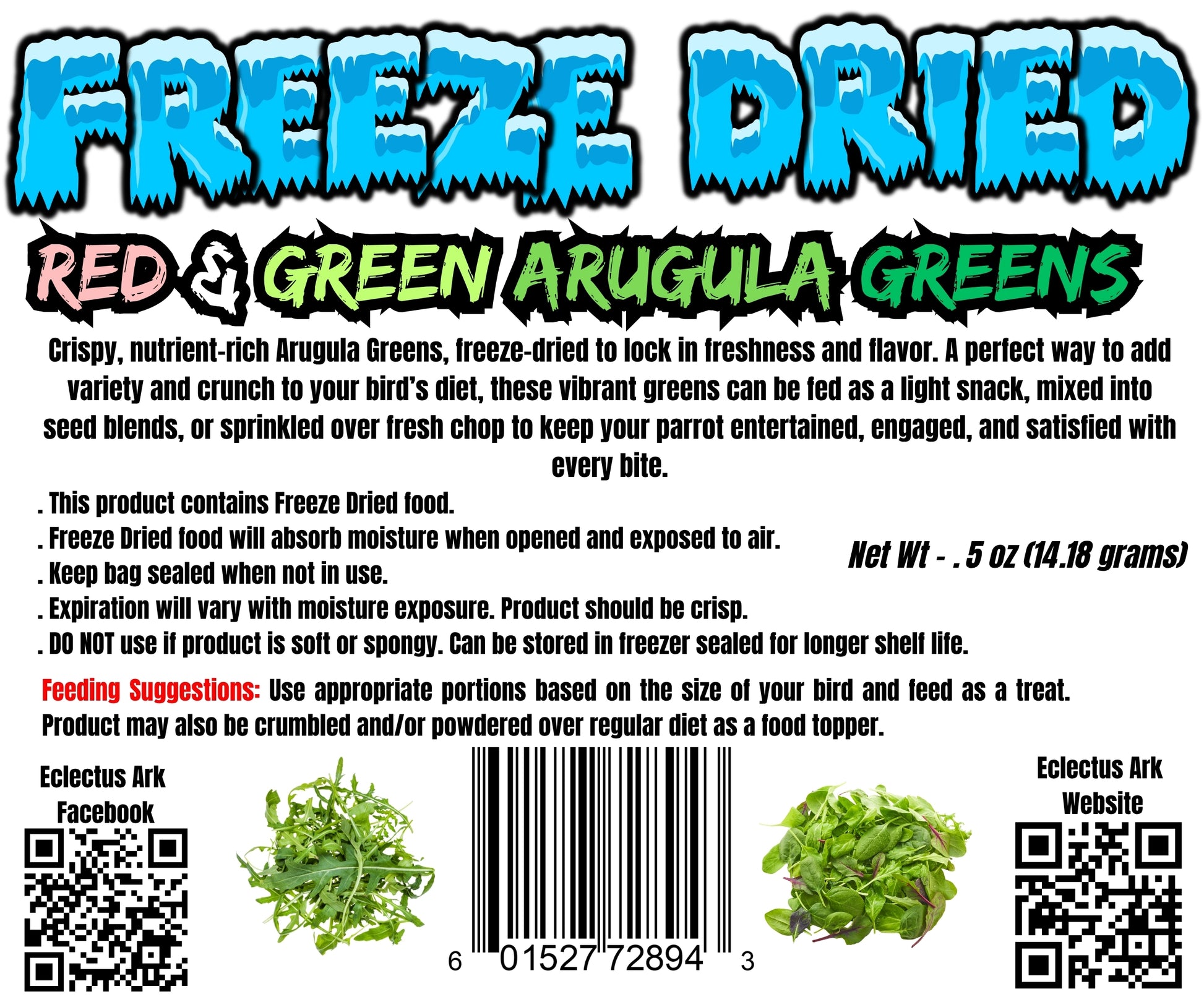 Label for freeze-dried red and green arugula greens with text and images of the product.