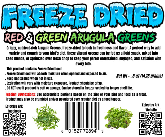 Label for freeze-dried red and green arugula greens with text and images of the product.