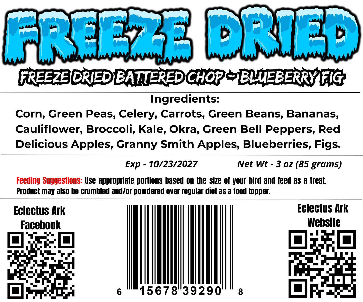 Freeze-Dried Blueberry Fig Burst of Flavor Chop for Parrots – Small Batch Parrot Treat 3 oz Back Label