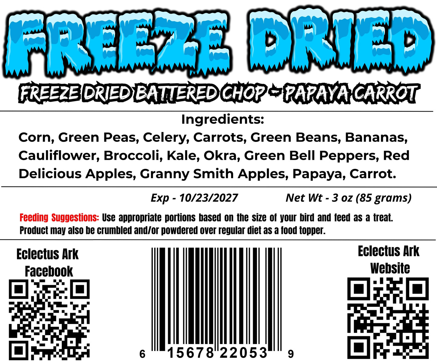 Burst of Flavor Freeze-Dried Chop Papaya Carrot Parrot Treat – Eclectus Ark Back Label 3 oz