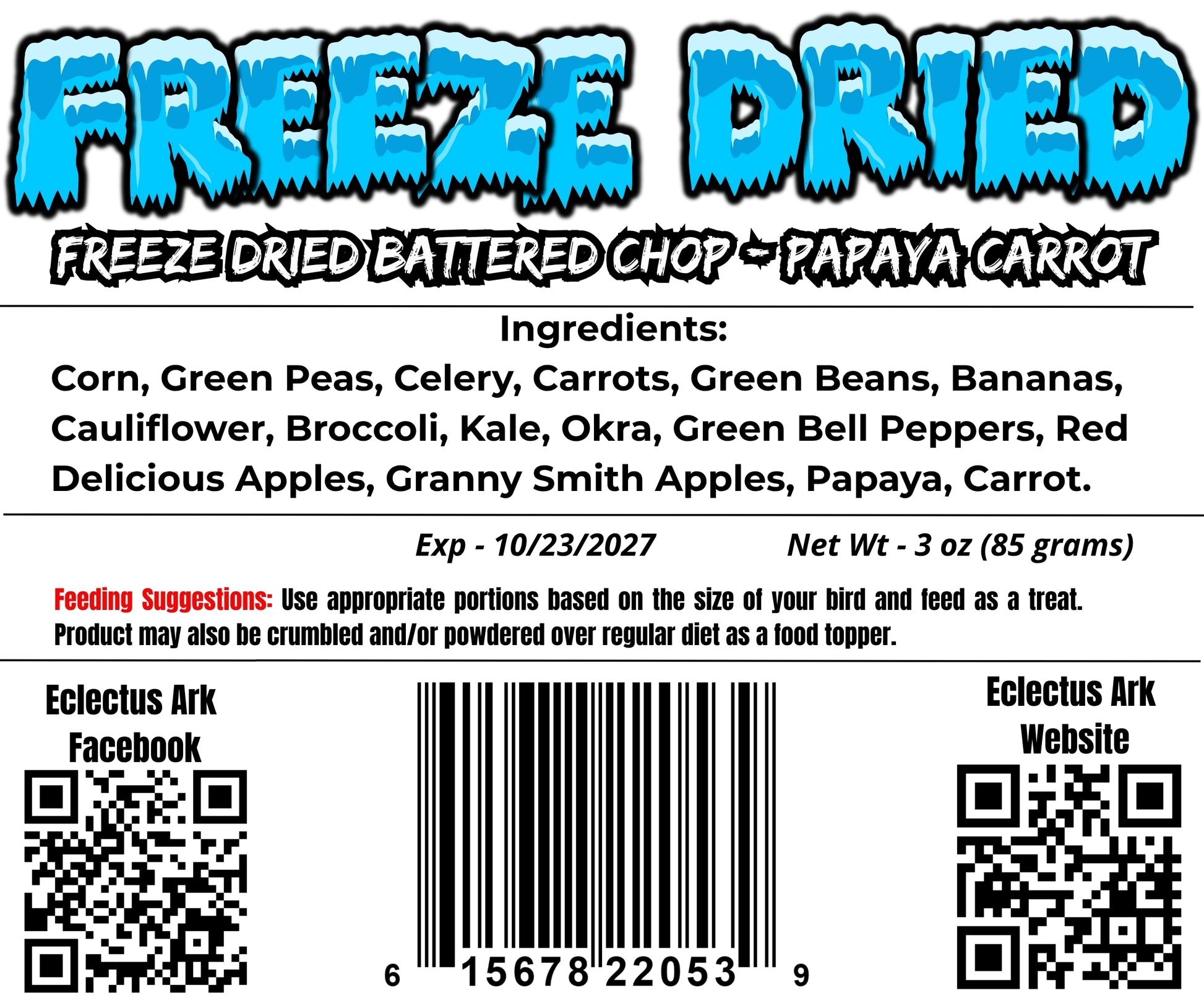 Burst of Flavor Freeze-Dried Chop Papaya Carrot Parrot Treat – Eclectus Ark Back Label 3 oz