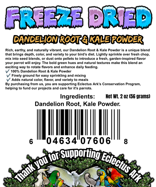 Freeze Dried Kale Infused Dandelion Root Powder for parrots from Eclectus Ark’s Seasoning Cabinet, packaged in a 3 oz heat sealed zipper bag and used as a sprinkle-on food topper for pellets, seeds, chop, millet, grains, and fresh foods.