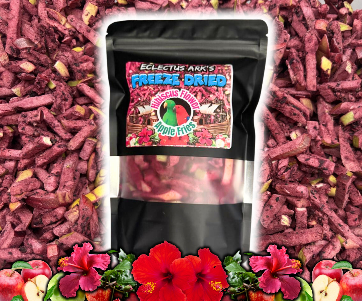 Front package of Eclectus Ark Freeze Dried Sweet Peppers Battered Apple Fries – crispy apple fries coated in sweet pepper batter.