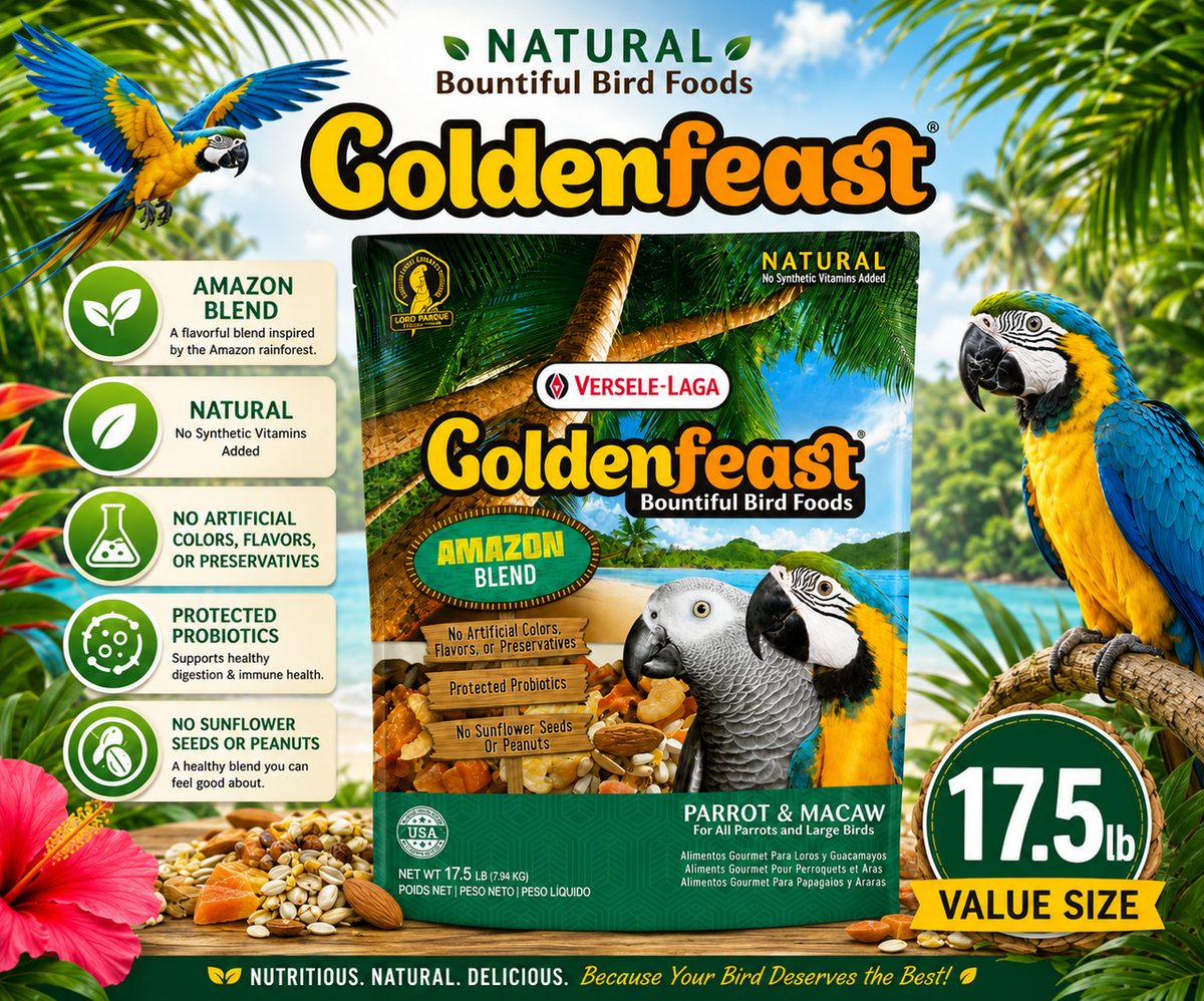 Goldenfeast Amazon Blend Natural Parrot Food with safflower, oats, cashews, almonds, walnuts, pumpkin seeds, roasted soybeans, pineapple, papaya, mango, cranberries, carrots, broccoli, Brazil nuts, pecans, figs, and protected probiotics for parrots, macaws, cockatoos, and large birds. 17.5 lb Bag Promotional Image