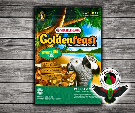 Goldenfeast Amazon Blend Natural Parrot Food with safflower, oats, cashews, almonds, walnuts, pumpkin seeds, roasted soybeans, pineapple, papaya, mango, cranberries, carrots, broccoli, Brazil nuts, pecans, figs, and protected probiotics for parrots, macaws, cockatoos, and large birds. 3 lb bag
