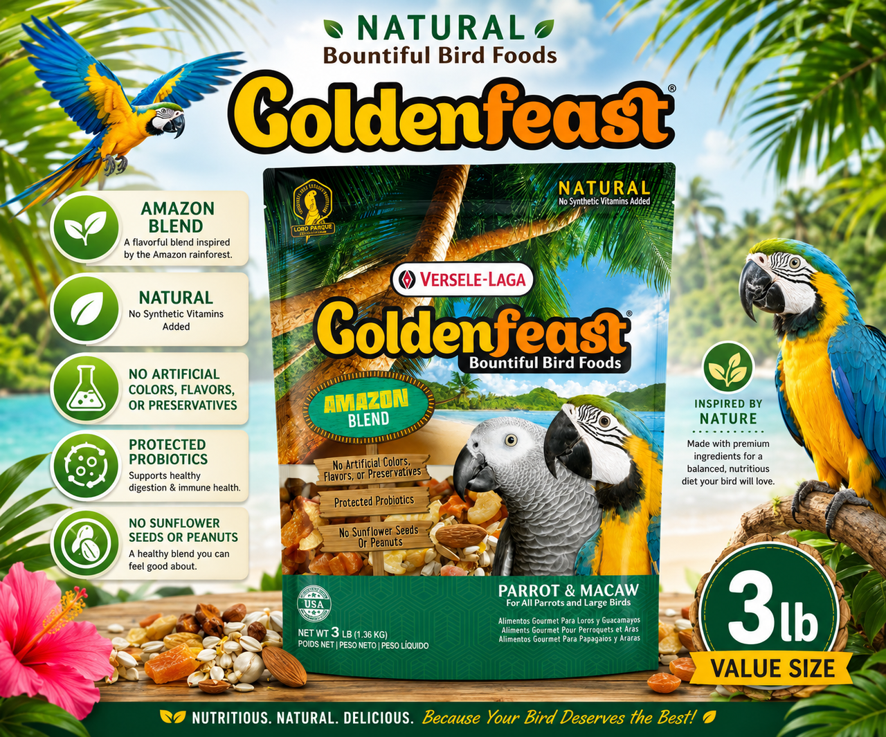 Goldenfeast Amazon Blend Natural Parrot Food with safflower, oats, cashews, almonds, walnuts, pumpkin seeds, roasted soybeans, pineapple, papaya, mango, cranberries, carrots, broccoli, Brazil nuts, pecans, figs, and protected probiotics for parrots, macaws, cockatoos, and large birds. 3 lb Bag Promo