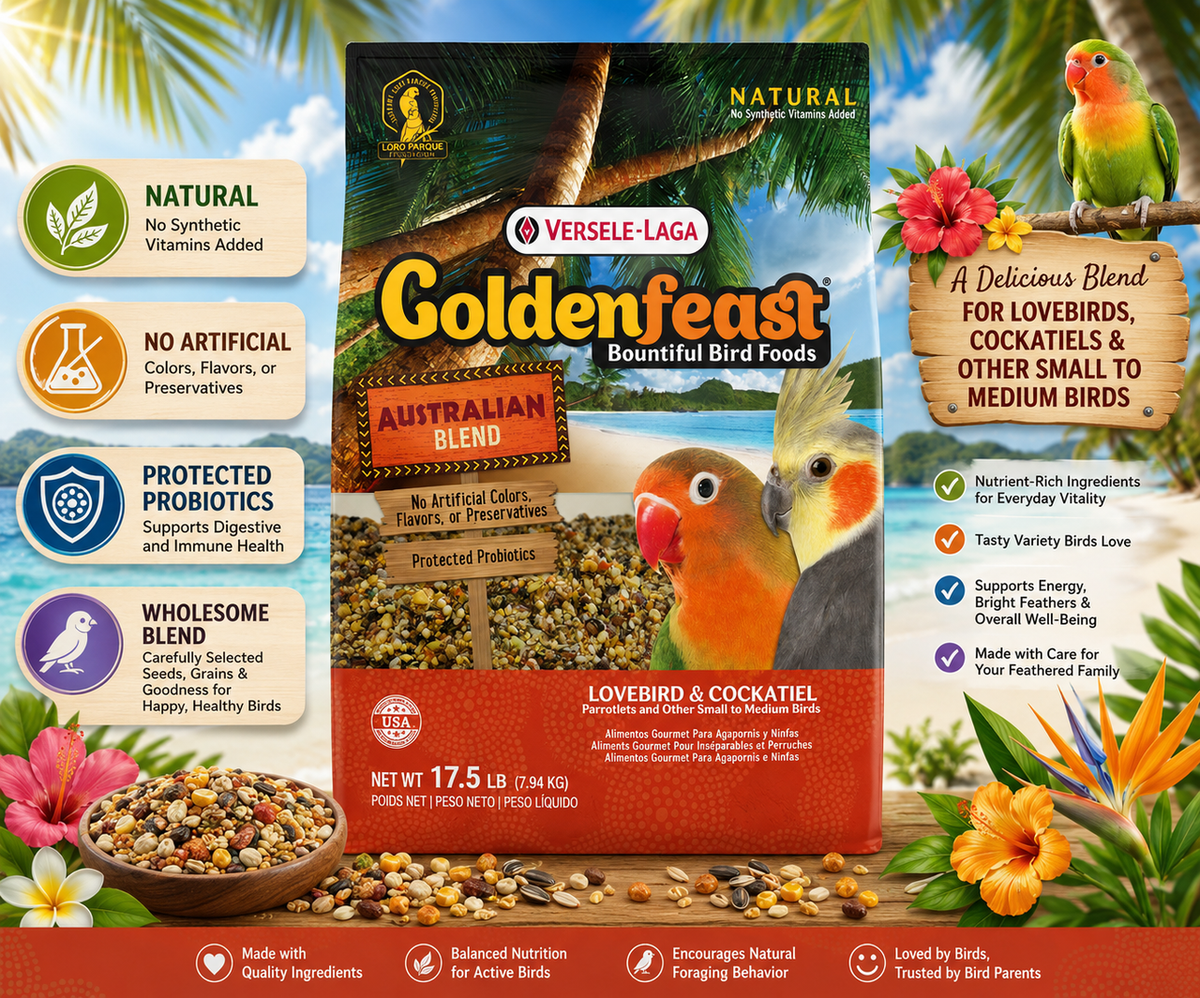 Goldenfeast Australian Blend Natural Small Bird Food with white millet, cashews, roasted soybeans, oats, almonds, walnuts, flaxseed, papaya, pineapple, dates, green peas, beets, apricots, chamomile, parsley flakes, and protected probiotics for cockatiels, lovebirds, budgies, canaries, finches, and small to medium birds. 17.5 lb Bag Promotional Image