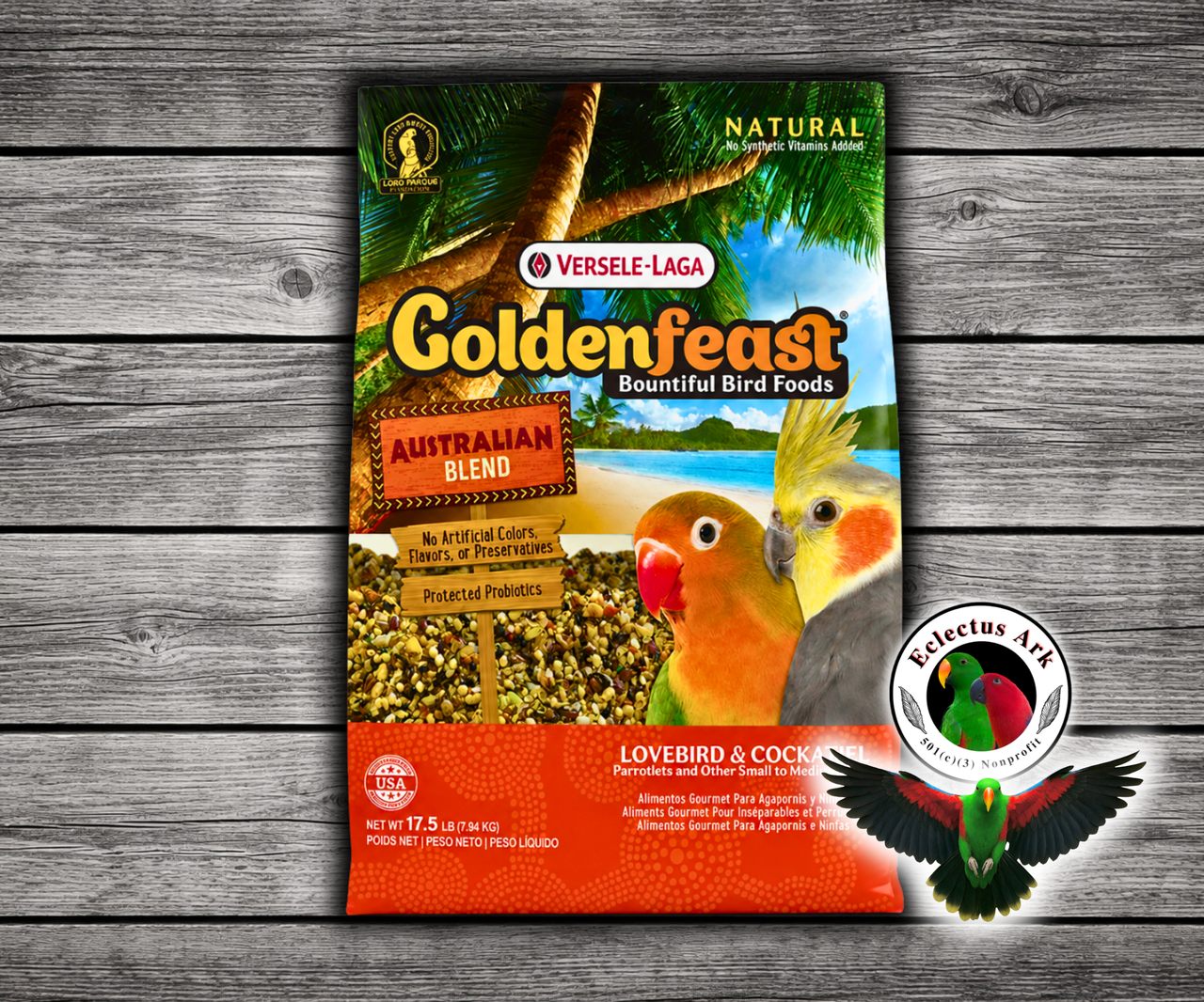 Goldenfeast Australian Blend Natural Small Bird Food with white millet, cashews, roasted soybeans, oats, almonds, walnuts, flaxseed, papaya, pineapple, dates, green peas, beets, apricots, chamomile, parsley flakes, and protected probiotics for cockatiels, lovebirds, budgies, canaries, finches, and small to medium birds. 17.5 LB BAG