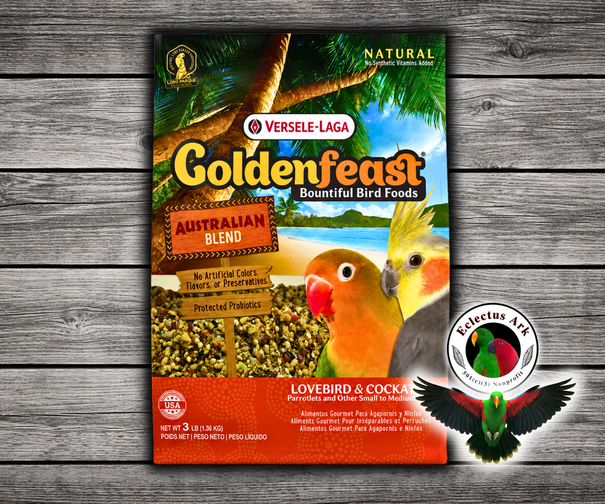 Goldenfeast Australian Blend Natural Small Bird Food with white millet, cashews, roasted soybeans, oats, almonds, walnuts, flaxseed, papaya, pineapple, dates, green peas, beets, apricots, chamomile, parsley flakes, and protected probiotics for cockatiels, lovebirds, budgies, canaries, finches, and small to medium birds. 3 LB BAG