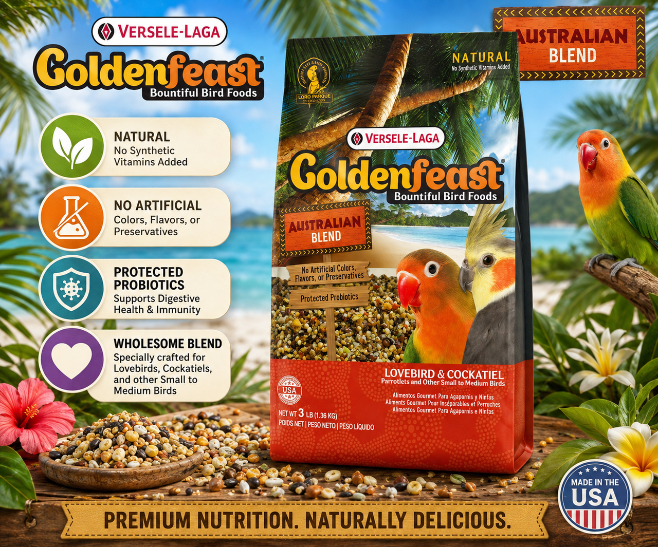 Goldenfeast Australian Blend Natural Small Bird Food with white millet, cashews, roasted soybeans, oats, almonds, walnuts, flaxseed, papaya, pineapple, dates, green peas, beets, apricots, chamomile, parsley flakes, and protected probiotics for cockatiels, lovebirds, budgies, canaries, finches, and small to medium birds. 3 lb bag Promotional Image