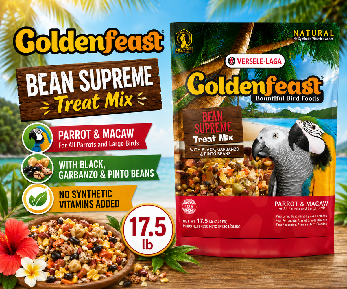 Goldenfeast Bean Supreme Natural Bird Treat with cashews, almonds, walnuts, roasted soybeans, dehydrated black beans, dehydrated red beans, roasted garbanzo beans, oats, buckwheat, rice, pinto beans, pineapple, raisins, mango, vegetables, pecans, pistachios, and hazelnuts for parrots, macaws, cockatoos, and large birds. 17.5 lb b ag Promotional Image