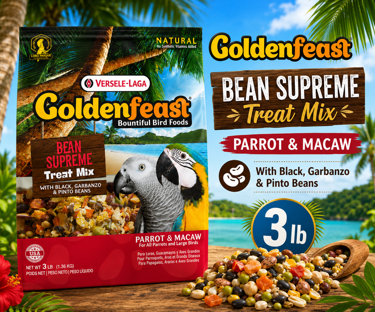 Goldenfeast Bean Supreme Natural Bird Treat with cashews, almonds, walnuts, roasted soybeans, dehydrated black beans, dehydrated red beans, roasted garbanzo beans, oats, buckwheat, rice, pinto beans, pineapple, raisins, mango, vegetables, pecans, pistachios, and hazelnuts for parrots, macaws, cockatoos, and large birds. 3 lb bag Promotional Image