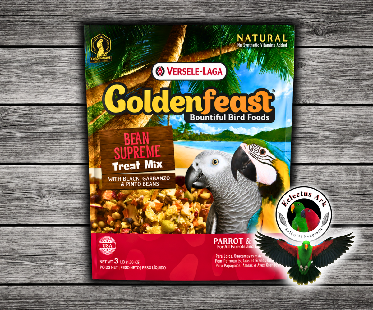 Goldenfeast Bean Supreme Natural Bird Treat with cashews, almonds, walnuts, roasted soybeans, dehydrated black beans, dehydrated red beans, roasted garbanzo beans, oats, buckwheat, rice, pinto beans, pineapple, raisins, mango, vegetables, pecans, pistachios, and hazelnuts for parrots, macaws, cockatoos, and large birds. 3 lb bag